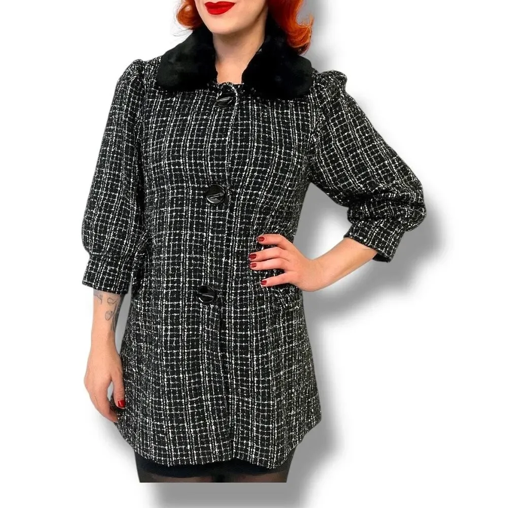 Hazel‎ Anthropologie Black White Tweed Coat Faux Fur Collar Puff Sleeves Small